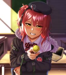  beret black_jacket blush bow bowtie candy female food fur-trimmed_jacket fur_trim girls&#039;_frontline hat headphones highres holding holding_candy holding_food holding_lollipop jacket lollipop long_hair looking_at_viewer mp7_(girls&#039;_frontline) nail_polish open_mouth ouga_(user_ctzw2237) parted_lips pink_nails red_hair shirt simple_background sitting smile solo table teeth upper_body white_shirt yellow_eyes 