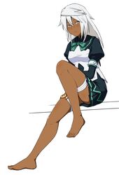  barefoot blush breasts closed_mouth dark-skinned_female dark_skin feet female guilty_gear guilty_gear_xrd krs_(karasu) long_hair looking_at_viewer ramlethal_valentine simple_background skirt solo toenails toes white_background white_hair yellow_eyes 