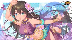  anklet barefoot blue_eyes breasts brown_hair cleavage cleavage_cutout clothing_cutout copyright_name copyright_notice dancer english_commentary feet female flower gold_necklace green_eyes hair_flower hair_ornament happy_birthday heterochromia highres jewelry kusumoto_shizuru logo long_hair looking_at_viewer lotus mahjong mahjong_soul midriff navel necklace official_art official_wallpaper open_mouth petals ring sara_(mahjong_soul) smile tenbou 