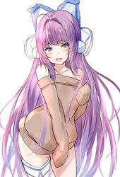  absurdres animal_ears azur_lane bare_shoulders blue_eyes blush earmuffs fake_animal_ears female highres long_hair looking_at_viewer off_shoulder open_mouth purple_hair ribbed_sweater saku_(kudrove) single_leg_pantyhose sleeves_past_wrists smile solo sweater tashkent_(azur_lane) very_long_hair 