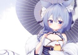  ahoge animal_ear_fluff animal_ears asashio_(azur_lane) asashio_(snow-dusted_lynx_tips)_(azur_lane) azur_lane blue_eyes blue_hair blue_umbrella blush braid breasts cleavage closed_mouth commentary_request female flower hair_between_eyes hair_flower hair_ornament hair_over_shoulder holding holding_umbrella japanese_clothes kagami_mochi kimono kokone_(coconeeeco) long_hair manjuu_(azur_lane) obi official_alternate_costume oil-paper_umbrella sash simple_background single_braid small_breasts smile solo umbrella white_background white_flower white_kimono 