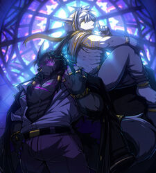  abs absurd_res angel anthro background_signs biceps big_muscles black_body canid canine clothed clothing darko_(drks) demon drks duo facial_piercing fur hair hi_res jewelry kase_(drks) male male/male mammal muscular muscular_anthro muscular_male nose_piercing nose_ring pattern_background pecs piercing ring ring_(jewelry) ring_piercing simple_background white_body white_fur 