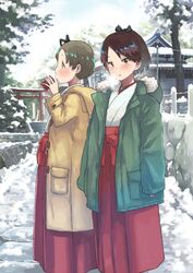  2girls ayanami_(kancolle) brown_eyes brown_hair coat drink hakama hakama_skirt highres holding holding_drink japanese_clothes kantai_collection long_hair looking_at_viewer matsutani miko multiple_girls outdoors ponytail red_hakama shikinami_(kancolle) side_ponytail skirt snow torii winter winter_clothes winter_coat 