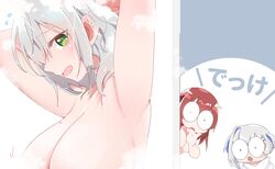  3girls amane_kanata bathing blue_hair breasts cleavage colored_inner_hair grey_hair highres hololive houshou_marine large_breasts multicolored_hair multiple_girls nude red_hair same-sex_bathing shared_bathing shirogane_noel short_hair soap_bubbles starblame translated virtual_youtuber washing_hair wet wide-eyed 