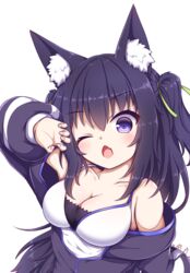  animal_ear_fluff animal_ears breasts cleavage female green_ribbons guild_cq hestia_(neko_itachi) highres long_hair looking_at_viewer one_eye_closed purple_eyes purple_hair quon_tama ribbon simple_background virtual_youtuber white_background 