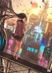  absurdly_long_hair bag bare_legs bird black_footwear black_hair building city female floating_hair highres kamitsubaki_studio light long_hair outdoors school_uniform shoes sinsekai_studio skirt skyscraper solo standing striped_clothes striped_skirt sun sunlight sunset takubon tree uniform very_long_hair virtual_youtuber 