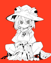  adapted_costume breasts female frog_girl full_body hair_between_eyes hair_ribbon hat highres long_sleeves looking_at_viewer massakasama medium_breasts medium_hair monochrome monster_girl moriya_suwako red_background ribbon shirt simple_background solo squatting tadpole_tail touhou tress_ribbon turtleneck 