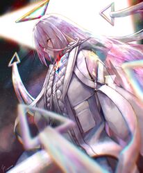  1other absurdres androgynous backlighting halo highres hololive hololive_english long_hair multicolored_hair omega_alpha red_eyes space star_(sky) triangle_halo virtual_youtuber yo_na zipper zipper_pull_tab 