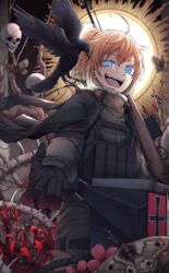  ahoge basket bird black_gloves blonde_hair blue_eyes branch bug butterfly commentary crow female flower fur_collar fur_trim gloves gun hair_between_eyes hat highres holding holding_gun holding_weapon long_hair long_sleeves looking_at_viewer military military_uniform open_mouth ponytail red_flower rifle short_hair skull smile solo spider_lily tanya_degurechaff uniform weapon youjo_senki yugo_(yugotme97) 