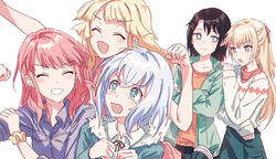  1990s_(style) 5girls :d :o ^_^ bad_id bad_twitter_id bang_dream! black_hair blonde_hair blue_eyes blush bright_pupils bullfalk clenched_hand closed_eyes closed_mouth commentary crossed_arms flexing fur_collar green_jacket hair_ornament hair_ribbon hairclip half_updo hand_on_another&#039;s_shoulder highres jacket jumping kurata_mashiro long_sleeves looking_at_another maruyama_aya medium_hair multiple_girls neck_ribbon okusawa_misaki open_mouth orange_shirt parody pink_hair pose purple_eyes purple_shirt red_ribbon retro_artstyle ribbon scrunchie shirasagi_chisato shirt short_hair sidelocks simple_background sleeves_pushed_up smile standing sweatdrop sweater symbol-only_commentary tsurumaki_kokoro upper_body white_background white_hair white_pupils white_sweater wing_collar wrist_scrunchie 