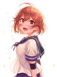  bad_id bad_twitter_id bandaid bandaid_on_face blue_neckwear blue_sailor_collar blue_skirt blush breasts brown_hair cherry_blossoms female highres kantai_collection oboro_(kancolle) oerba_yun_fang open_mouth petals sailor_collar school_uniform serafuku short_hair short_sleeves simple_background skirt solo tamawo_(mu_gi2) 