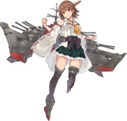  blue_eyes boots brown_hair detached_sleeves female flipped_hair full_body green_skirt hairband headgear hiei_(kancolle) hiei_kai_ni_(kancolle) highres japanese_clothes kantai_collection konishi_(koconatu) machinery nontraditional_miko official_art plaid ribbon-trimmed_sleeves ribbon_trim short_hair skirt solo tachi-e thigh_boots thighhighs transparent_background turret 