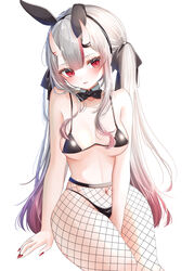  absurdres animal_ears between_legs bikini black_bikini black_bow black_bowtie blush bow bowtie breasts colored_tips commentary_request detached_collar fake_animal_ears female fishnet_pantyhose fishnets grey_hair hand_between_legs highres hololive horns long_hair looking_at_viewer medium_breasts multicolored_hair nail_polish nakiri_ayame navel ohagetty pantyhose rabbit_ears red_eyes red_hair red_nails simple_background skin-covered_horns solo swimsuit twintails virtual_youtuber white_background 