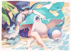  1boy ball bare_legs barefoot black_hair border closed_mouth collared_shirt commentary day finizen florian_(pokemon) hat hideko_(l33l3b) highres leaf male_focus marill necktie outdoors pokemon pokemon_(creature) pokemon_sv purple_shorts school_uniform shirt short_hair shorts sitting smile symbol-only_commentary uva_academy_school_uniform vaporeon water wet white_border white_shirt 