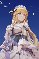  absurdres arknights bangs bare_shoulders blonde_hair blue_background blue_eyes breasts commentary cyanide-whale dress female flower gloves hand_on_own_chest head_wreath highres horns large_breasts long_hair looking_at_viewer off-shoulder_dress off_shoulder pointy_ears rose saileach_(appreciate_fragrance)_(arknights) saileach_(arknights) short_sleeves smile solo upper_body very_long_hair white_dress white_flower white_gloves white_rose 