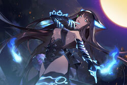  bare_shoulders black_hair blue_eyes blue_fire breasts cleavage dutch_angle elbow_gloves fate/grand_order fate_(series) female fire fireball gloves glowing glowing_eyes highres hug_(yourhug) light_smile long_hair looking_at_viewer medium_breasts moon moonlight night outdoors smug solo standing star_(sky) thighhighs very_long_hair yang_guifei_(fate) yang_guifei_(third_ascension)_(fate) 