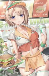  absurdres animal_ears blue_eyes breasts burger cat_ears cleavage cup disposable_cup employee_uniform fast_food_uniform female food french_fries highres holding holding_plate medium_breasts midriff original paru_(parucom) plate short_hair standing string_of_flags thighhighs twitter_username uniform visor_cap waitress white_legwear 