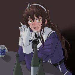  ashigara_(kancolle) ashigara_kai_ni_(kancolle) blush bottle brown_eyes brown_hair commentary_request dated drunk female gloves hairband highres kantai_collection long_hair looking_at_viewer military military_uniform nose_blush solo sozan table twitter_username uniform upper_body wavy_hair white_gloves 