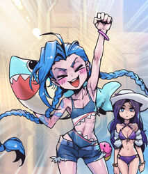  2girls :d arm_up backlighting bare_shoulders bikini black_hair blue_hair blue_shorts blush bracelet braid caitlyn_(league_of_legends) clenched_hand closed_eyes closed_mouth collarbone cowboy_shot holding jewelry jinx_(league_of_legends) league_of_legends light long_hair multiple_girls navel o-ring o-ring_bikini pale_skin phantom_ix_row pool_party_caitlyn purple_bikini shorts smile stomach sweatdrop swimsuit teeth twin_braids upper_teeth_only very_long_hair white_headwear 