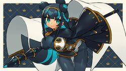  arm_behind_back ass blue_background blue_bodysuit blue_eyes blue_hair blunt_bangs bodysuit border braid breasts cape commentary_request covered_nipples cowboy_shot female gold_headband gold_trim gradient_eyes green_eyes hairband highres holding holding_weapon huion itsumo_nokoru large_breasts leaning_forward multicolored_eyes multicolored_hair original pantylines polearm raised_eyebrows shiny_clothes sidelocks smile solo spear two-tone_hair weapon 