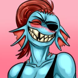  1:1 animal_humanoid closed_eyes clothed clothing eigaka eye_patch eyewear female fish fish_humanoid frill_(anatomy) hair humanoid low_res marine marine_humanoid ponytail red_hair smile smiling_at_viewer solo teeth undertale undertale_(series) undyne 