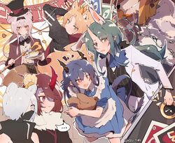  ... 1boy 6+girls alice_(alice_in_wonderland) alice_(alice_in_wonderland)_(cosplay) alice_in_wonderland alternate_costume animal_ears apron arknights ascot aunt_and_niece black_hairband black_headwear black_mask black_neckwear blue_dress blue_eyes blue_hair blue_neckwear bow bowtie brown_jacket center_frills ch&#039;en_(arknights) closed_mouth commentary_request cosplay crown cup dragon_girl dragon_horns dragon_tail dress earrings ferret_ears ferret_girl flower formal frills furry furry_male green_eyes green_hair hair_flower hair_ornament hairband hat holding holding_cup horns hoshiguma_(arknights) husband_and_wife jacket jewelry kyou_039 lin_(arknights) long_hair looking_at_viewer mad_hatter_(alice_in_wonderland) mad_hatter_(alice_in_wonderland)_(cosplay) mask mini_crown mouse_ears mouse_girl mouth_mask multiple_girls ninja ninja_mask oerba_yun_fang oni open_mouth parted_lips pink_hair pointy_ears princess_fumizuki_(arknights) rabbit_ears red_eyes shirayuki_(arknights) shirt short_hair sigh single_horn skin-covered_horns skin_fang smile spade_(shape) spade_earrings sparkle speech_bubble spoken_ellipsis star_(symbol) stoat_girl suit suit_jacket swire_(arknights) tail teacup tiger_ears tiger_girl top_hat twitter_username uncle_and_niece uno_(game) waistcoat wei_yenwu_(arknights) white_apron white_hair white_jacket white_rabbit_(alice_in_wonderland) white_rabbit_(alice_in_wonderland)_(cosplay) white_shirt 