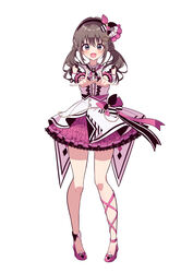  :d absurdres black_hairband blouse boots brown_eyes brown_hair center_frills clothing_cutout commentary_request female frilled_sleeves frills fujimiya_kotoha full_body hair_ornament hairband high_heel_boots high_heels highres ichijo_rei idol looking_at_viewer low_twintails medium_hair miniskirt nail_polish neck_ribbon open_mouth palette_project pink_footwear pink_nails pink_ribbon pink_skirt ribbon shirt short_sleeves shoulder_cutout simple_background skirt smile solo standing twintails virtual_youtuber white_background white_shirt 