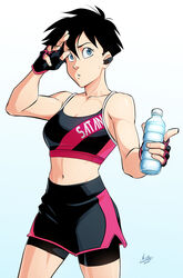  bare_shoulders bike_shorts black_hair blue_eyes bottle clothes_writing commentary dragon_ball dragon_ball_z english_commentary female fingerless_gloves gloves gym_shorts highres midriff mx._moz navel short_hair shorts solo sports_bra sportswear two-tone_sports_bra videl water_bottle 