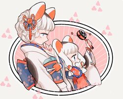  2girls animal_ears back_bow blue_eyes bow commentary from_side holding japanese_clothes kimono l_hakase long_hair long_sleeves multiple_girls obi open_mouth original profile rattle_drum sash smile symbol-only_commentary upper_body white_hair white_kimono wide_sleeves 