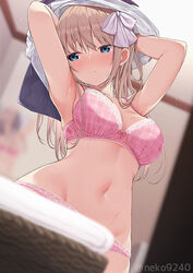  armpits arms_up basket blue_eyes blurry blurry_background blurry_foreground blush bra breasts brown_hair cleavage closed_mouth depth_of_field female indoors lace-trimmed_bra lace-trimmed_panties lace_trim large_breasts long_hair looking_away looking_to_the_side navel nekokobushi nose_blush original panties pink_bra pink_panties plaid plaid_bra solo stomach sweat twitter_username underwear 