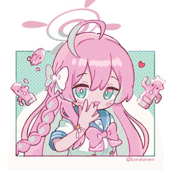  :d ahoge blue_archive blue_sailor_collar blush_stickers bow braid commentary_request female green_eyes hair_between_eyes hairbow halo hanako_(blue_archive) hand_to_own_mouth heart highres koru_koruno long_hair looking_at_viewer pink_bow pink_hair pink_halo polka_dot polka_dot_background sailor_collar school_uniform serafuku shirt short_sleeves single_braid smile solo very_long_hair white_bow white_shirt 