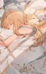  absurdres animal animal_ears female highres hugging_object indoors light_brown_hair long_hair on_bed original paru_(parucom) pillow pillow_hug sleeping sunlight under_covers 