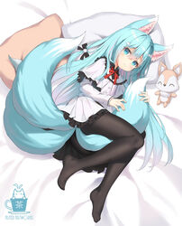  aliter animal_ear_fluff animal_ears bed_sheet black_bow black_pantyhose blue_eyes blue_hair blue_tail blush bow capelet closed_mouth commentary_request female fox_ears fox_girl fox_hair_ornament fox_tail frilled_capelet frilled_skirt frills hair_between_eyes hairbow highres kitsune long_hair long_sleeves looking_at_viewer lying multiple_tails no_shoes on_side original pantyhose pillow pleated_skirt shirt skirt sleeves_past_wrists smile solo stuffed_animal stuffed_fox stuffed_toy tail very_long_hair white_capelet white_shirt white_skirt 