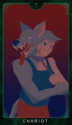  2_heads alice_tonner animal_humanoid anthro avatar_(tma) canid canid_humanoid canine canine_humanoid card card_template chain_leash chains clothed clothing collar conjoined female fortune_telling fully_clothed fur hi_res humanoid hunt_(tma) leash major_arcana mammal mammal_humanoid multi_head mythological_canine mythological_creature mythology scar sharp_teeth sixes-and-sevens solo standing tarot tarot_card teeth the_chariot_(tarot) the_magnus_archives tongue tongue_out were werecanid werecanine werewolf wolf_humanoid 