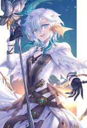  :d absurdres au_ra bad_id bad_pixiv_id black_gloves blue_eyes breasts capelet dress female final_fantasy final_fantasy_xiv gloves hair_between_eyes highres holding holding_staff horns long_sleeves looking_at_viewer multicolored_hair reaching reaching_towards_viewer shichigatsu small_breasts smile solo staff standing sunset tail two-tone_hair warrior_of_light_(ff14) white_capelet white_dress white_hair 