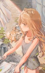  absurdres animal animal_ears book brown_eyes brown_hair clothes_hanger clothesline cup female grey_shirt highres jug_(bottle) long_hair original paru_(parucom) plant potted_plant shirt sleeveless sleeveless_shirt standing stool sunlight 