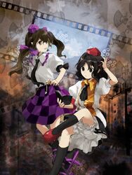  2girls ascot black_ascot black_eyes black_hair black_necktie black_skirt black_socks bloomers book bow brown_eyes brown_hair camera cellphone checkered_clothes checkered_skirt collared_shirt commentary_request crossed_legs double_spoiler film_strip frilled_skirt frills geta hand_on_own_head hand_on_own_hip hat highres himekaidou_hatate holding holding_book holding_pencil holding_phone kaigen_1025 long_hair miniskirt multiple_girls necktie pencil phone pointy_ears puffy_sleeves purple_bow purple_footwear purple_headwear purple_skirt reading red_footwear red_headwear shameimaru_aya shirt short_hair short_sleeves skirt socks tengu-geta thinking tokin_hat touhou twintails underwear white_shirt 