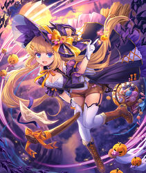  :d absurdres bad_id bad_pixiv_id bat_(animal) black_dress blonde_hair blue_eyes blurry blurry_background blush boots bow breasts broom broom_riding brown_footwear cleavage depth_of_field dress female flying full_body gloves hat hat_bow highres looking_at_viewer medium_hair oerba_yun_fang open_mouth orange_bow original purple_hat purple_vest shichigatsu smile solo thighhighs vest white_gloves white_thighhighs witch witch_hat 