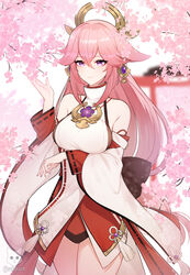  absurdres animal_ears arm_under_breasts blurry blurry_background branch breasts cherry_blossoms cherry_tree closed_mouth cowboy_shot earrings female flower fox_ears genshin_impact highres japanese_clothes jewelry long_hair looking_at_viewer medium_breasts nontraditional_miko outdoors pink_hair purple_eyes purple_flower ribbon-trimmed_sleeves ribbon_trim sakotach sidelocks smile solo torii tree twitter_username vision_(genshin_impact) watermark white_background wide_sleeves yae_miko 