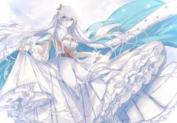  anastasia_(fate) blue_eyes breasts cape cleavage dress eyes_visible_through_hair fate/grand_order fate_(series) female gem hairband highres jewelry katase_bono long_dress long_hair pearl_(gemstone) pendant sleeveless sleeveless_dress solo white_hair 