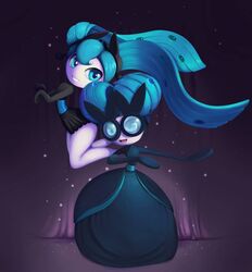  2girls :d black_dress blue_eyes blue_hair commentary creature dress english_commentary full_body gen_5_pokemon glasses meloetta meloetta_(other) multiple_girls no_humans open_mouth pokemon pokemon_(creature) smile standing the_boogie 