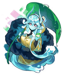  animal_hood baniran_dorosu black_shirt blue_hair blue_horns blue_skin cloud colored_sclera colored_skin creature creature_on_hand cropped_torso dark_clouds female hair_between_eyes highres hood hood_up horns liquid_hair long_sleeves monster_girl original oversized_plant personification rain_(baniran_dorosu) raincoat red_pupils red_sclera shirt solo white_eyes yellow_raincoat 