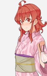  ahoge alternate_costume arashi_(kancolle) bag commentary_request female highres japanese_clothes kantai_collection kimono looking_at_viewer medium_hair obi pink_kimono red_eyes red_hair sash satchel short_hair simple_background solo tsurugi_(the_horizon) upper_body white_background yukata 