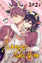  2021 2boys animal_print bad_id bad_twitter_id blush checkered_clothes checkered_scarf chinese_zodiac collared_shirt commentary_request cow_horns cow_print danganronpa_(series) danganronpa_v3:_killing_harmony double_v facial_hair fake_horns goatee grin hands_up happy_new_year highres horns hug hug_from_behind jacket long_sleeves looking_at_viewer male_focus momota_kaito multiple_boys nanin new_year oma_kokichi open_clothes open_shirt pink_hair pink_jacket print_shirt purple_hair scarf shirt short_hair smile space_print spiked_hair starry_sky_print upper_body v white_jacket white_shirt year_of_the_ox 