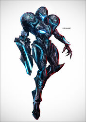  arm_cannon armor artist_name assault_visor blue_visor claws commentary_request dark_samus facing_viewer female full_armor full_body glowing grey_background helmet k-suwabe metroid metroid_prime partial_commentary power_armor science_fiction simple_background solo weapon 