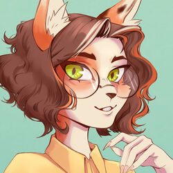  1:1 anthro brown_hair curls domestic_cat eyebrows eyewear fan_character felid feline felis female glasses hair low_res mammal nails persamona sharp_nails smile solo yellow_eyes 