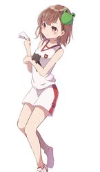  animal bare_arms black_cat brown_eyes brown_hair commentary_request emblem feline female frog_mask gekota green_mask gym_shirt gym_shorts gym_uniform highres himaneko. holding holding_animal holding_cat mask mask_on_head medium_hair misaka_imouto misaka_imouto_10032&#039;s_cat paper school_emblem shirt shoes short_shorts shorts simple_background sleeveless sleeveless_shirt sneakers solo toaru_kagaku_no_railgun toaru_kagaku_no_railgun_t toaru_majutsu_no_index tokiwadai_school_gym_uniform unworn_mask white_background white_footwear white_shirt white_shorts 