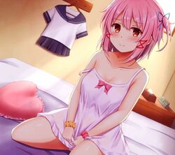  bedroom blue_ribbon blush bow breasts cleavage closed_mouth collarbone dress dress_tug dutch_angle female frilled_pillow frills hair_between_eyes hair_ribbon heart heart-shaped_pillow highres indoors looking_at_viewer natsu_(927013) on_bed one_side_up original panties pillow pink_bow pink_hair pink_panties red_eyes red_ribbon red_scrunchie ribbon scrunchie shiny_skin short_dress short_hair sitting sleeveless sleeveless_dress small_breasts solo strap_slip underwear white_dress wrist_scrunchie yellow_scrunchie 