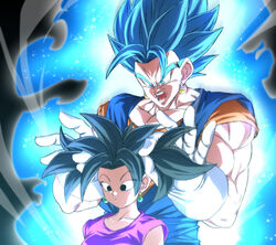  1boy aura black_eyes black_hair blue_eyes blue_hair breasts bunching_hair dougi dragon_ball dragon_ball_super earrings female gloves grabbing_another&#039;s_hair jewelry kefla_(dragon_ball) muscular muscular_male open_mouth potara_earrings rom_(20) spiked_hair super_saiyan super_saiyan_blue trolling vegetto white_gloves 