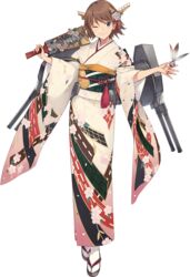  brown_hair female floral_print full_body grey_eyes hagoita hairband hane_(hanetsuki) hanetsuki headgear hiei_(kancolle) holding japanese_clothes kantai_collection kimono konishi_(koconatu) long_sleeves machinery obi official_art one_eye_closed paddle sandals sash short_hair smile solo tabi tachi-e transparent_background turret white_legwear wide_sleeves zouri 